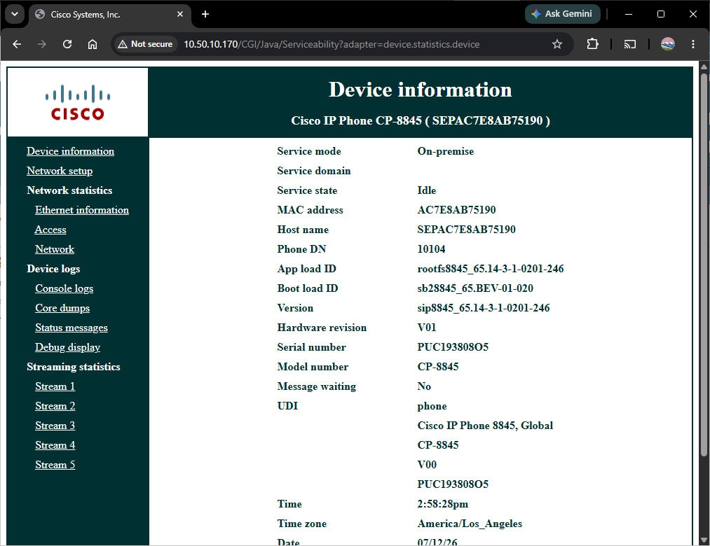 A screenshot of the Cisco IP Phone's web interface. The screen shows a Cisco web administration page in a desktop web browser. Across the very top is the browser interface with a tab labeled "Cisco Systems, Inc.", an address bar showing a local IP address beginning with **10.50.10.170**, and standard browser buttons. Below that, the page is divided into two main sections. A narrow dark teal navigation panel runs down the entire left side, with the Cisco logo near the top followed by a vertical list of underlined links grouped into categories. The links include **Device information**, **Network setup**, **Network statistics** (with **Ethernet information**, **Access**, and **Network** beneath it), **Device logs** (including **Console logs**, **Core dumps**, **Status messages**, and **Debug display**), and **Streaming statistics** with links for **Stream 1** through **Stream 5**. The much wider right side contains the main content area. At the top is a dark teal banner with a large centered heading reading **"Device information"**, followed by the phone model **Cisco IP Phone CP-8845 (SEPAC7E8AB75190)**. Beneath the banner is a clean two-column table where the left column lists labels such as **Service mode**, **Service state**, **MAC address**, **Host name**, **Phone DN**, **App load ID**, **Boot load ID**, **Version**, **Hardware revision**, **Serial number**, **Model number**, **Message waiting**, **UDI**, **Time**, **Time zone**, and **Date**, while the right column displays their corresponding values, including **On-premise**, **Idle**, the phone's MAC address and hostname, extension **10104**, firmware versions, serial number, model **CP-8845**, **Message waiting: No**, the current time of **2:58:28 PM**, the time zone **America/Los_Angeles**, and the current date. The overall appearance is simple and text-focused, with a white content area, dark teal headers and navigation, black text, and blue underlined navigation links.