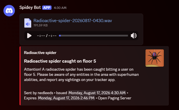 Example of a message sent directly to a webhook