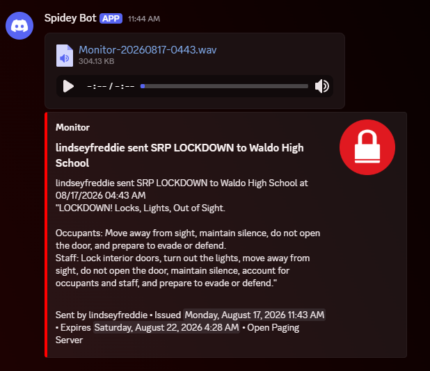 Example of a message sent to a group the webhook is monitoring